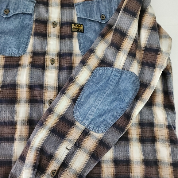 G-STAR RAW Plaid Denim Patch western cowboy Shirt brown blue xxl - Picture 5 of 15